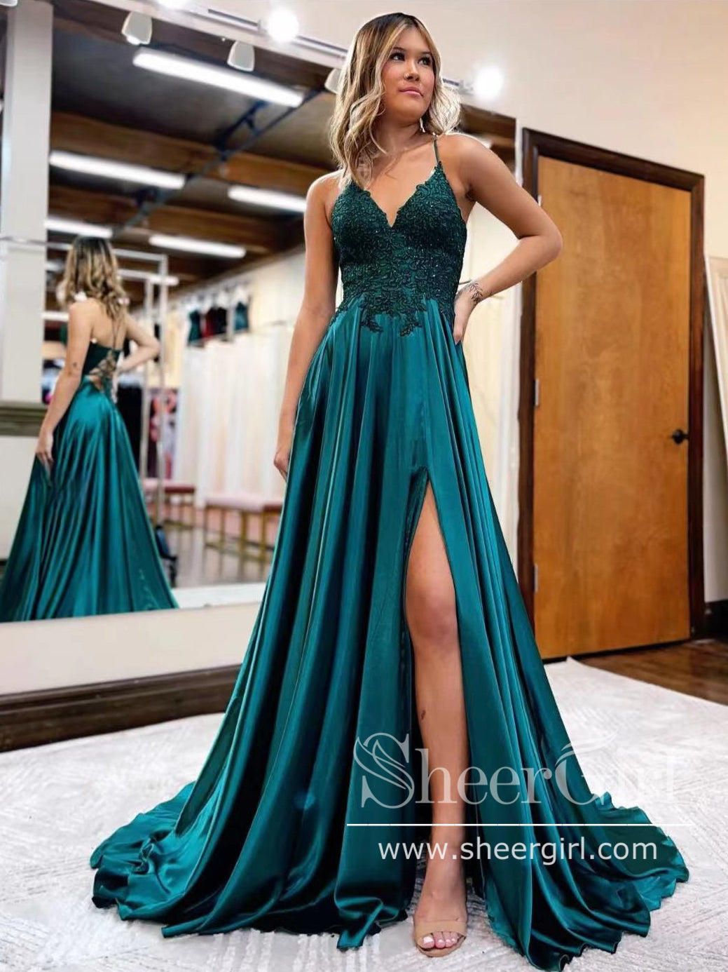 Dark Green Satin Party Dress Appliqued V Neck Prom Dress with High Sli –  SheerGirl