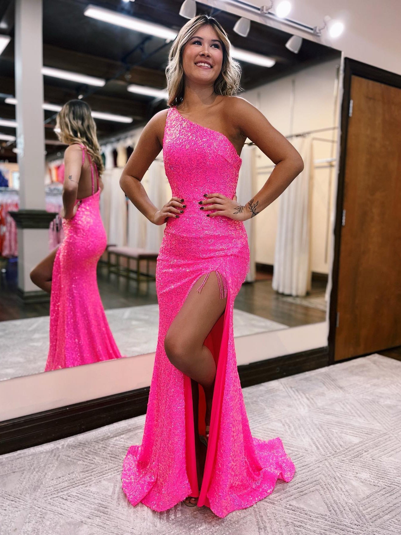 Hot Pink Sequins Lace Prom Gown Single Shoulder Sparkly Prom Dresses w SheerGirl