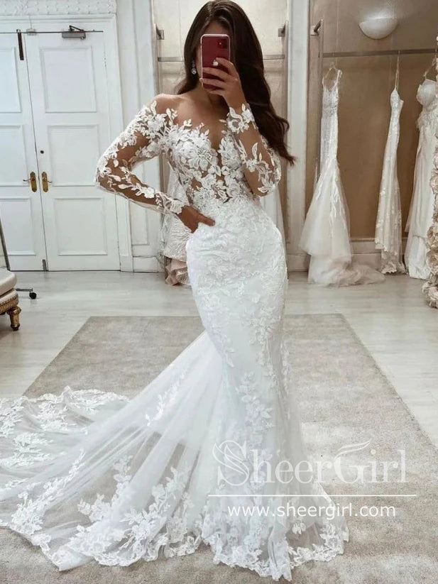 Mermaid Wedding Dress 3D Floral High Neck Long Sleeve Lace Applique Bridal  Gown