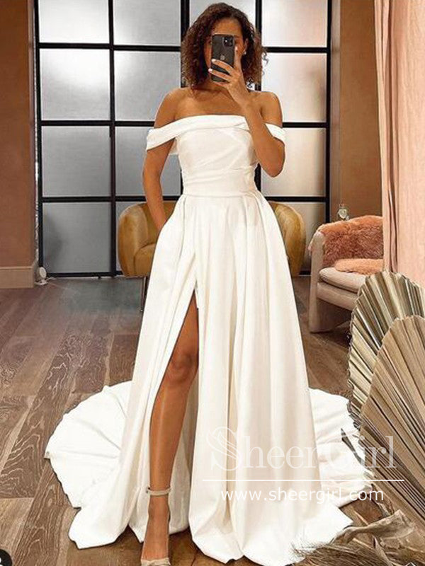 Simple Ivory Wedding Dress Off the Shoulder Bridal Dress With Leg Slit SheerGirl