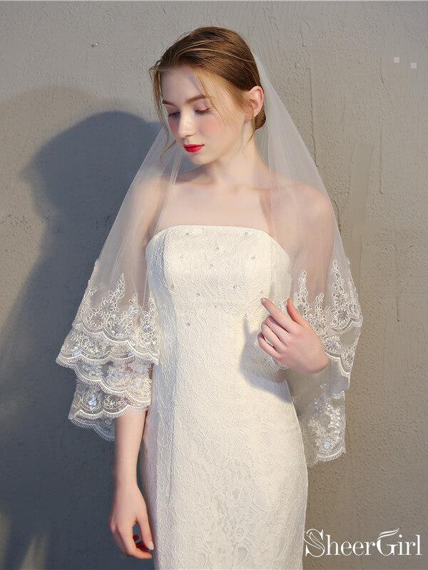 2 Tier Lace Wedding Veils Hip Length Bridal Veil ACC1002 – SheerGirl