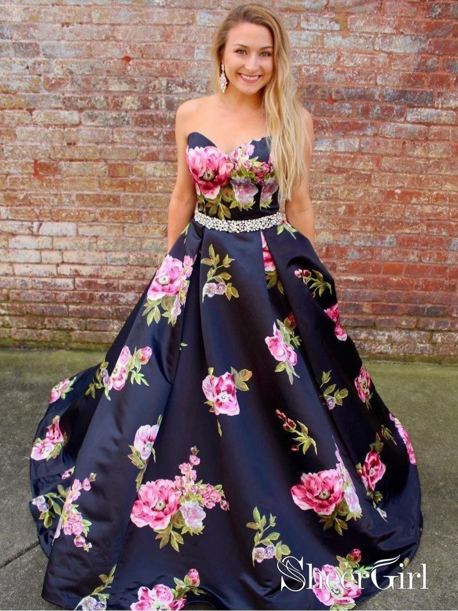 A Line Strapless Floral Printed Blue – Beaded Quinceanera SheerGirl Prom Dress |Sheergirl.com Dresses Navy
