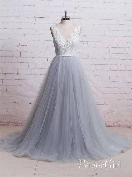 A line V neck Ivory Lace Bodice Grey Tulle Skirt Chapel Train Wedding SheerGirl