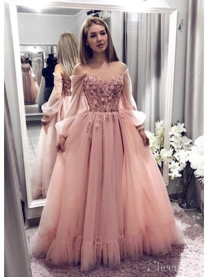 Blush-Pink Lace Gown with Long Sleeves #1274