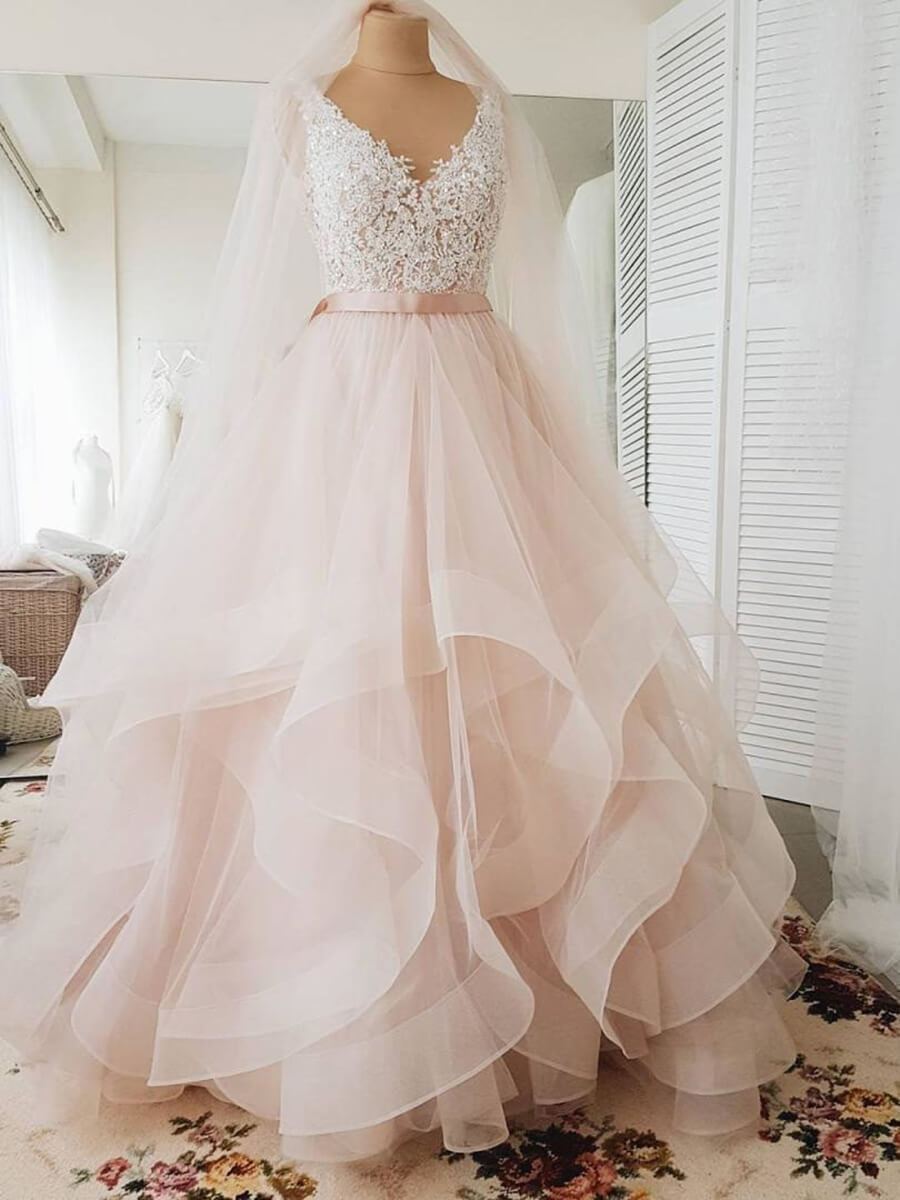 blush pink lace wedding dress