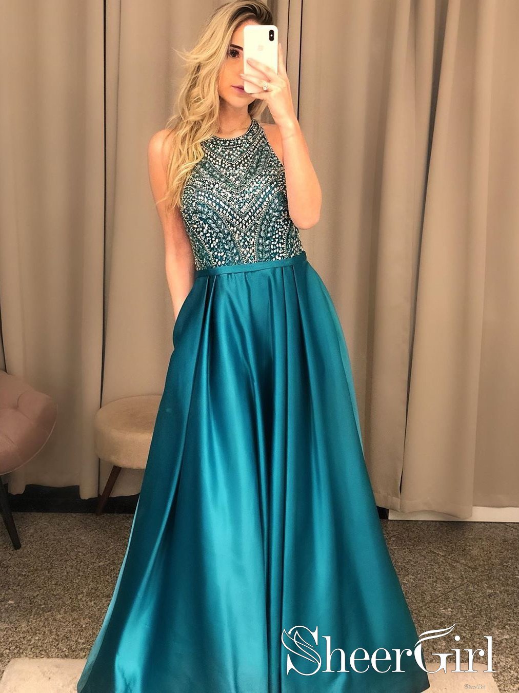 Teal Halter Prom Dresses