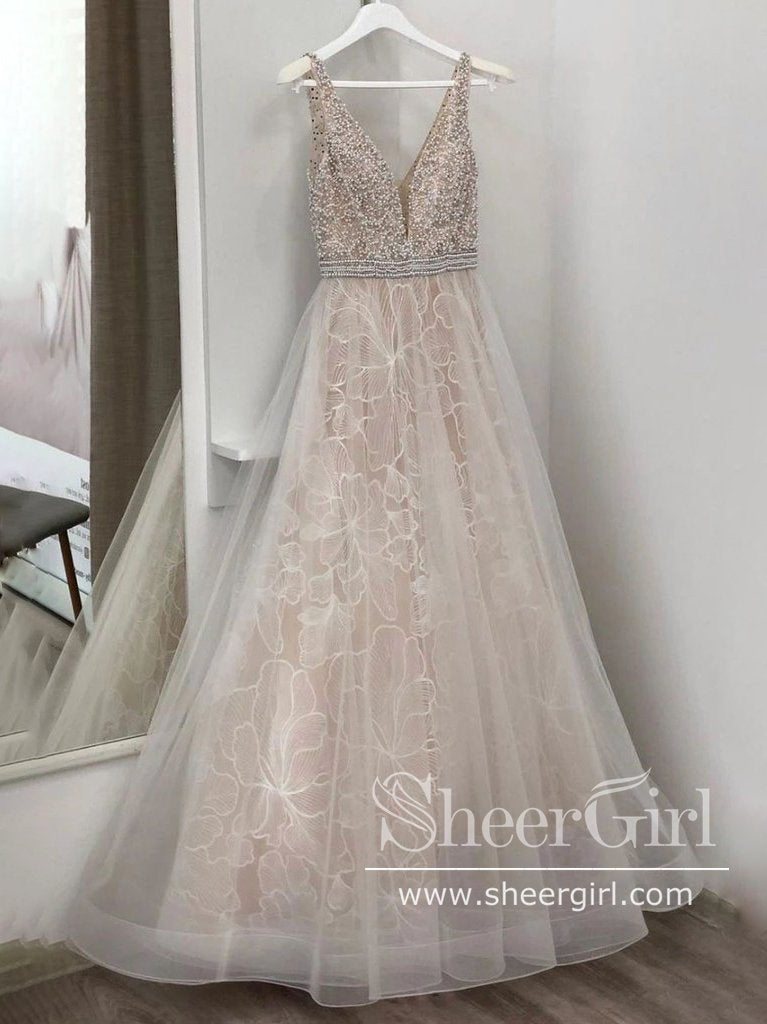 Lace Floral Wedding Gown with Deep V-neckline