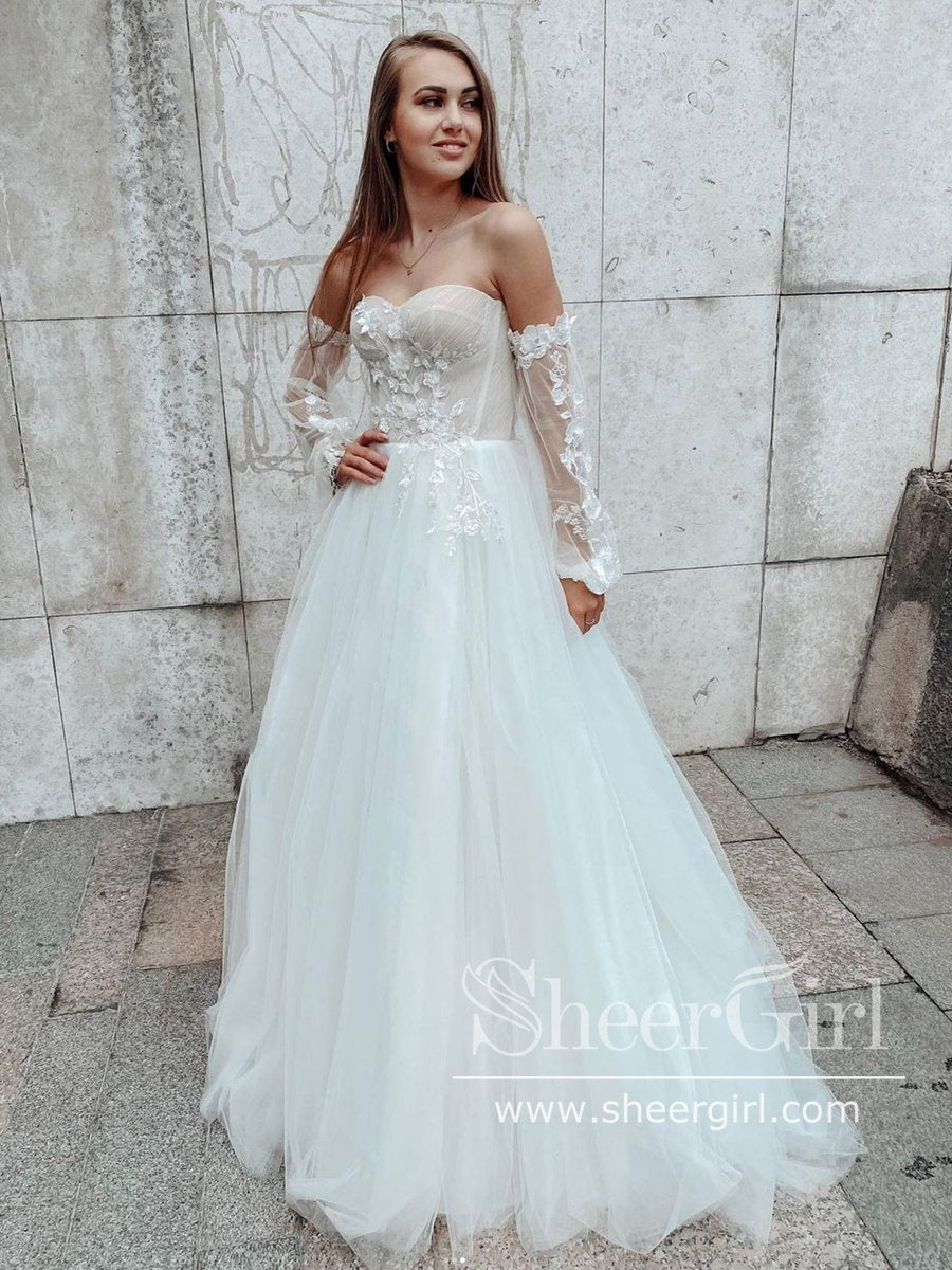 Detachable Sleeves Sweetheart Neck A Line Lace Tulle Wedding Dress AWD –  SheerGirl