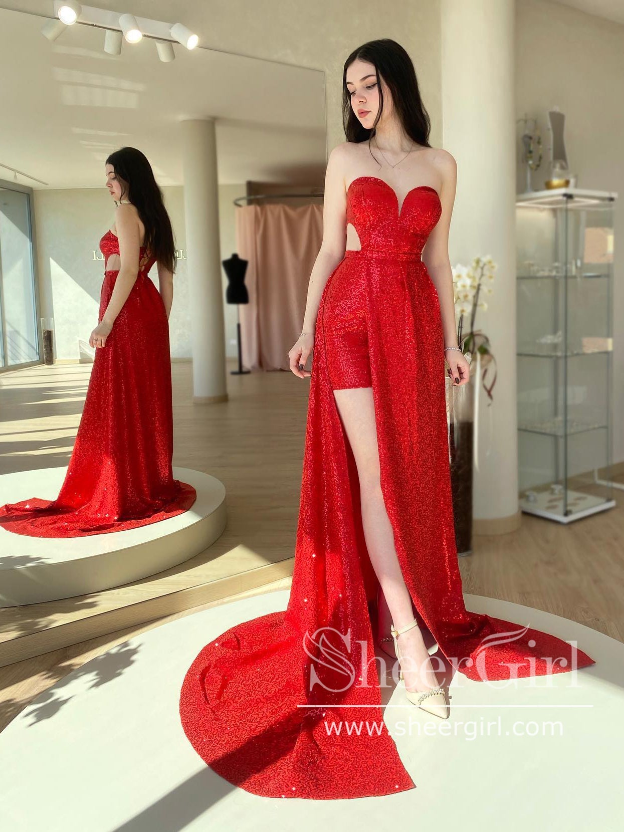 Red Evening Gowns Detachable Train Formal Dresses Woman Party Night  Sweetheart