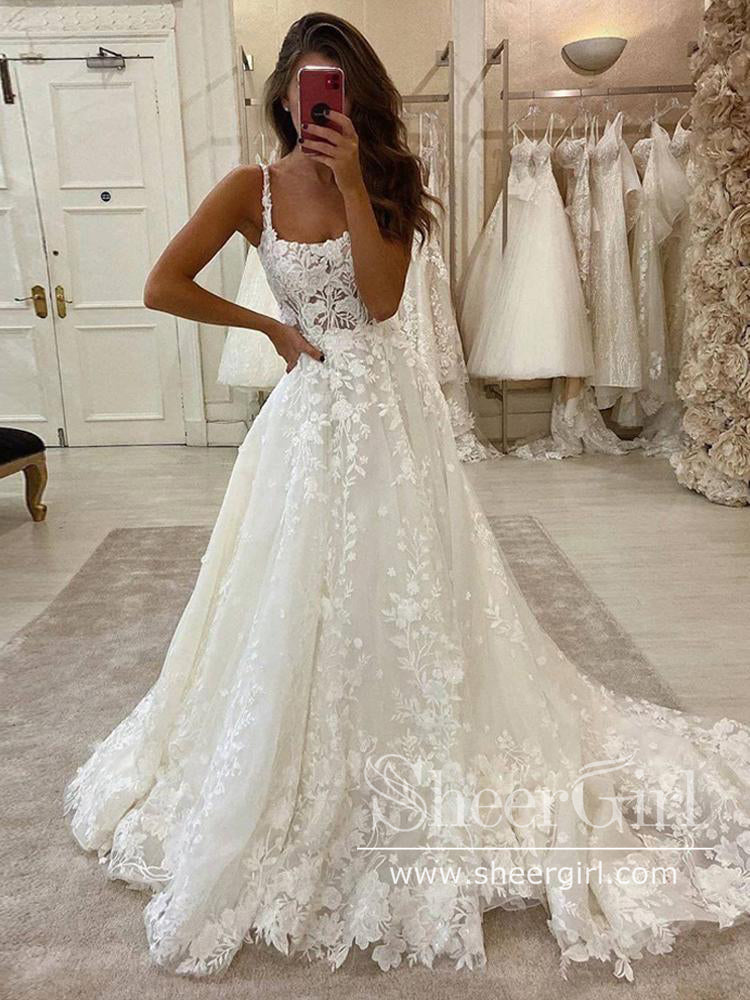 Women's Ball-gown Long Sleeves V-neck Floral Lace Wedding Gown, Court Train Bridal  Wedding Dresses -  Canada