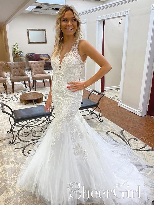Beach Mermaid Wedding Dresses with Sweep Train Halter Neck Lace Bridal  Gowns