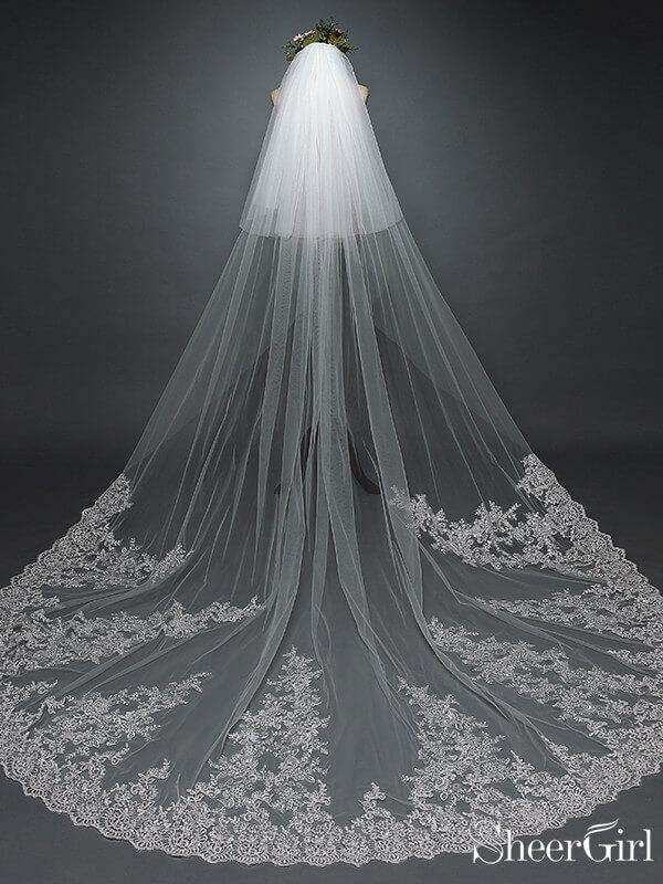 Ombre Champagne Floral Lace Ivory Cathedral Veil with Blusher Bridal Veil  Wedding Veil ACC1193