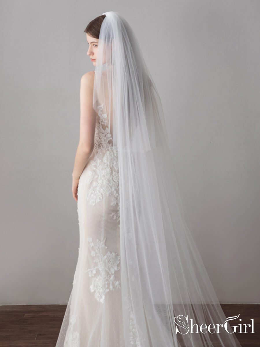 Simple Bridal Illusion Tulle Chapel Length Wedding Veil Ivory