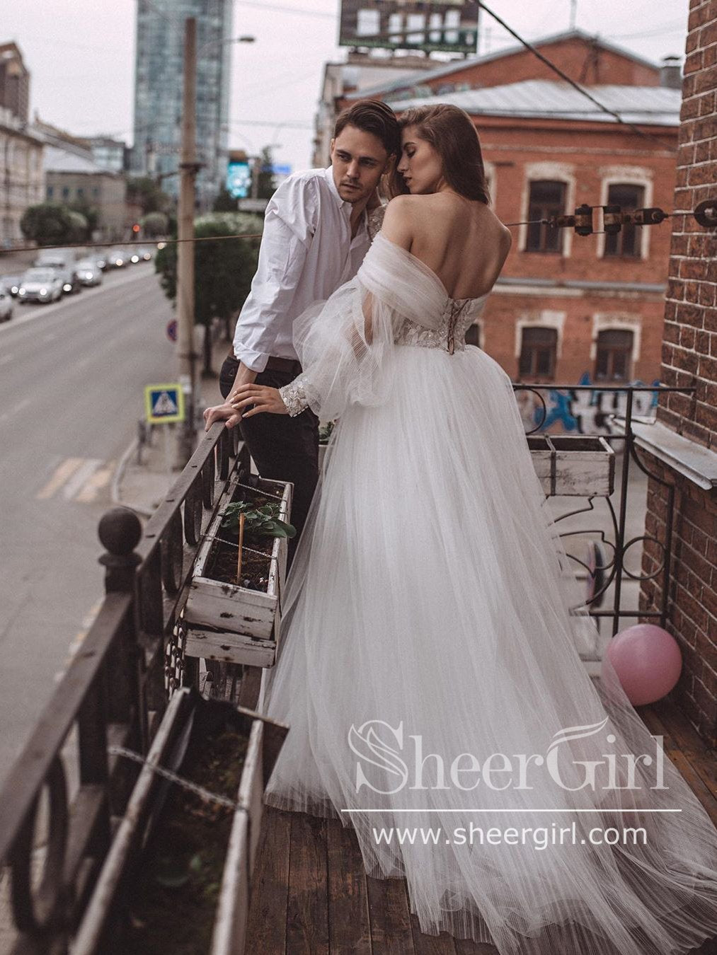Sheer Pleated Tulle Long Sleeve Cool Wedding Dress