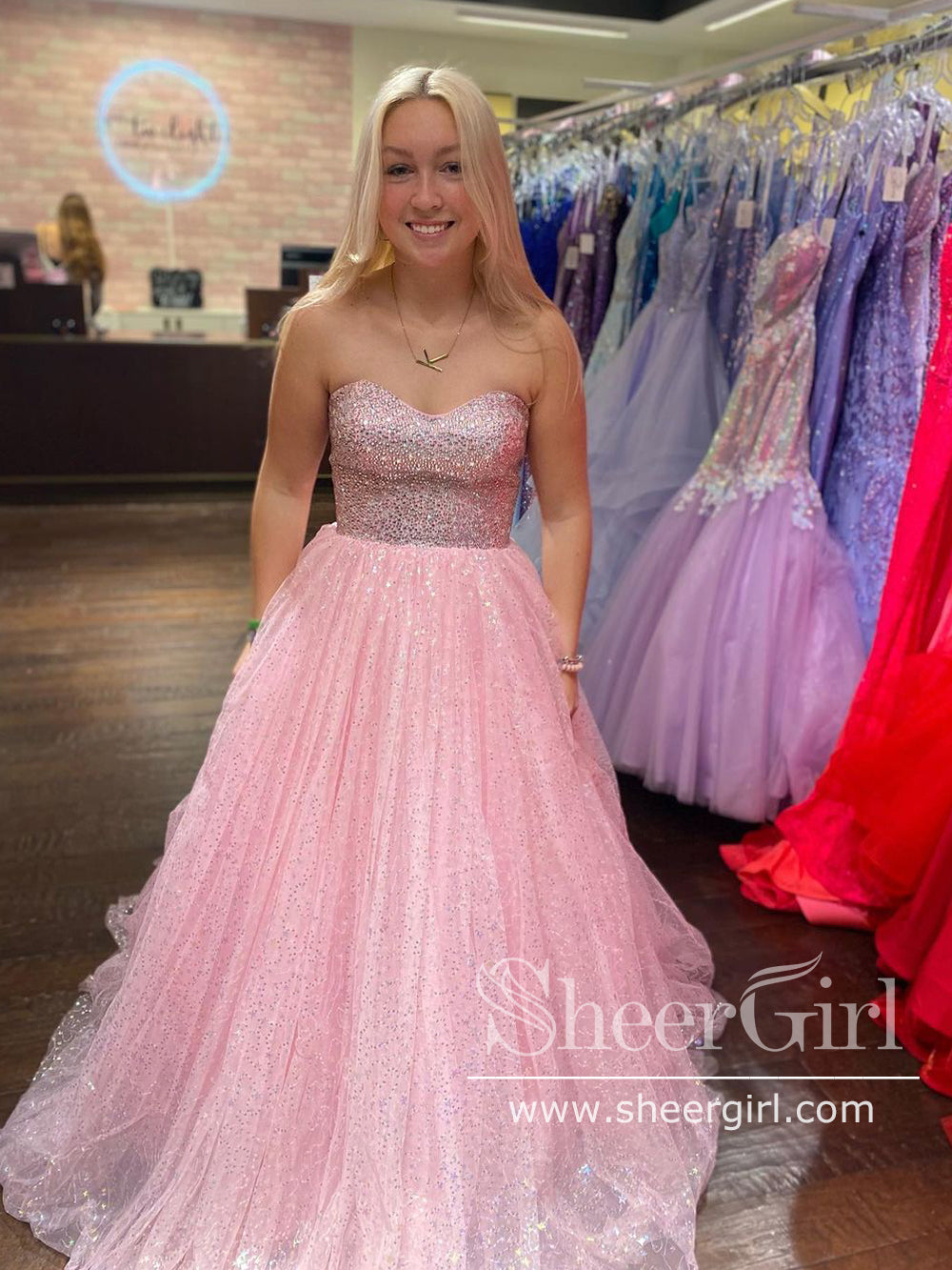 Cute Light Pink Strapless Prom Dresses