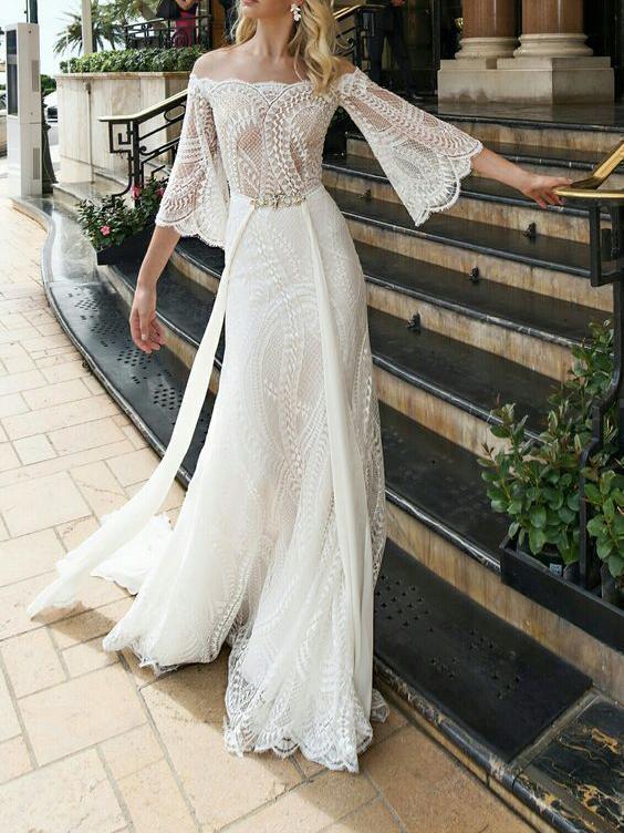 Beach Flowy Off the Shoulder Two Piece Lace Wedding Dress | Casual Bridal  Separates