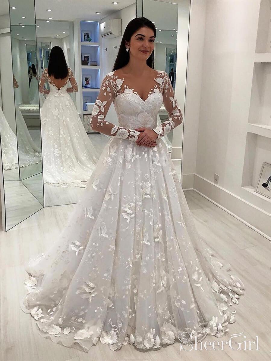 Women's Ball-gown Long Sleeves V-neck Floral Lace Wedding Gown, Court Train  Bridal Wedding Dresses 