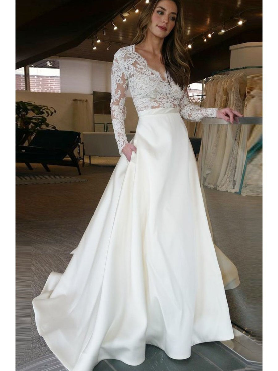 Long Sleeve Wedding Dresses See Through Lace Top Ivory Wedding Dresses –  SheerGirl