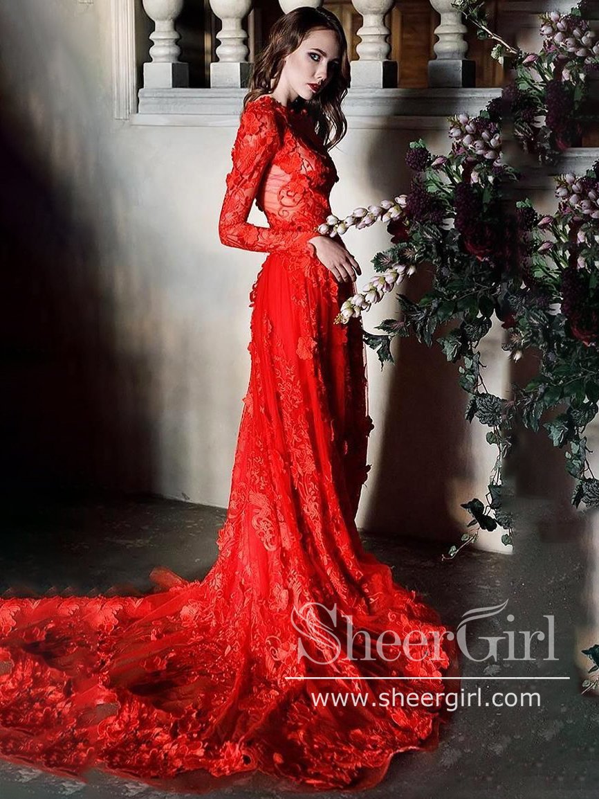 Sheath Red Lace Long Sleeve Prom Dress