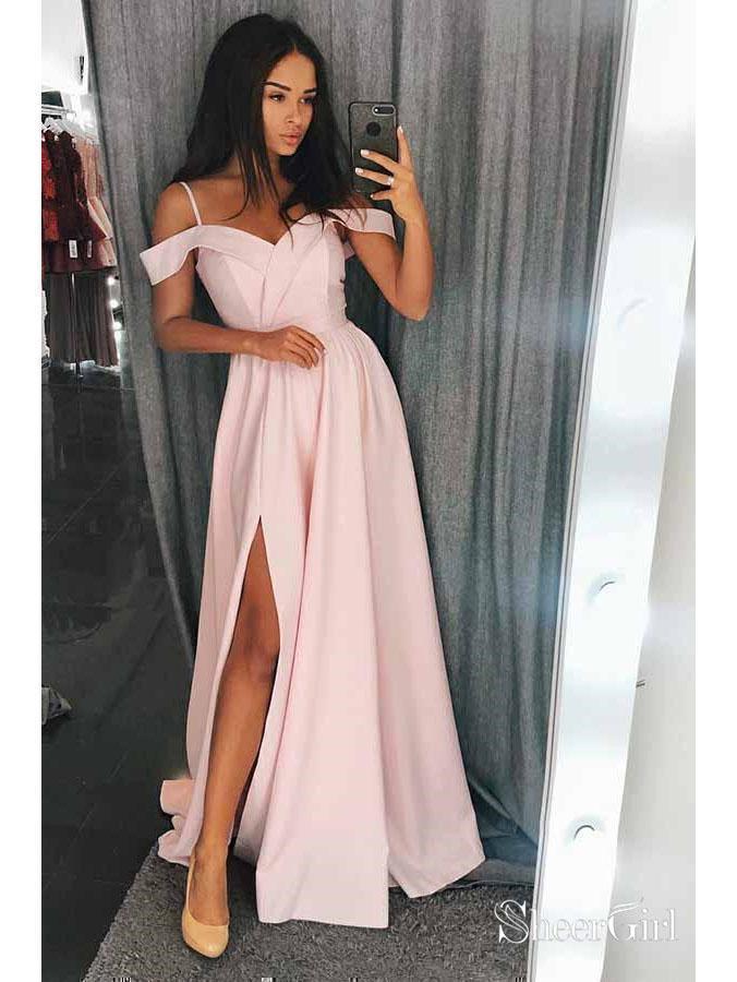 Simple pink off shoulder long prom dress, pink evening dress – Flora Prom