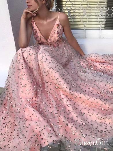 V Neck Two Pieces Pink Floral Lace Long Prom Dress, Pink Lace