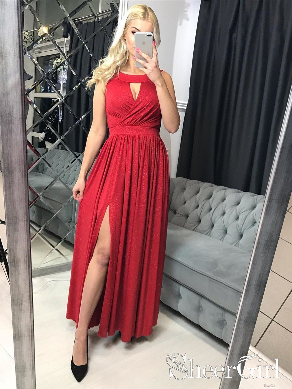 Chic Red Sequin Prom Dresses Halter Neck Backless High Slit Party Dres –  Dbrbridal