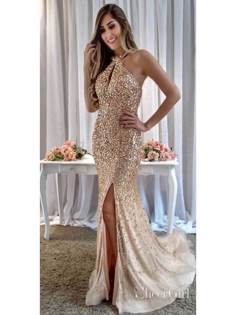 Gold Rhinestone Prom Dresses