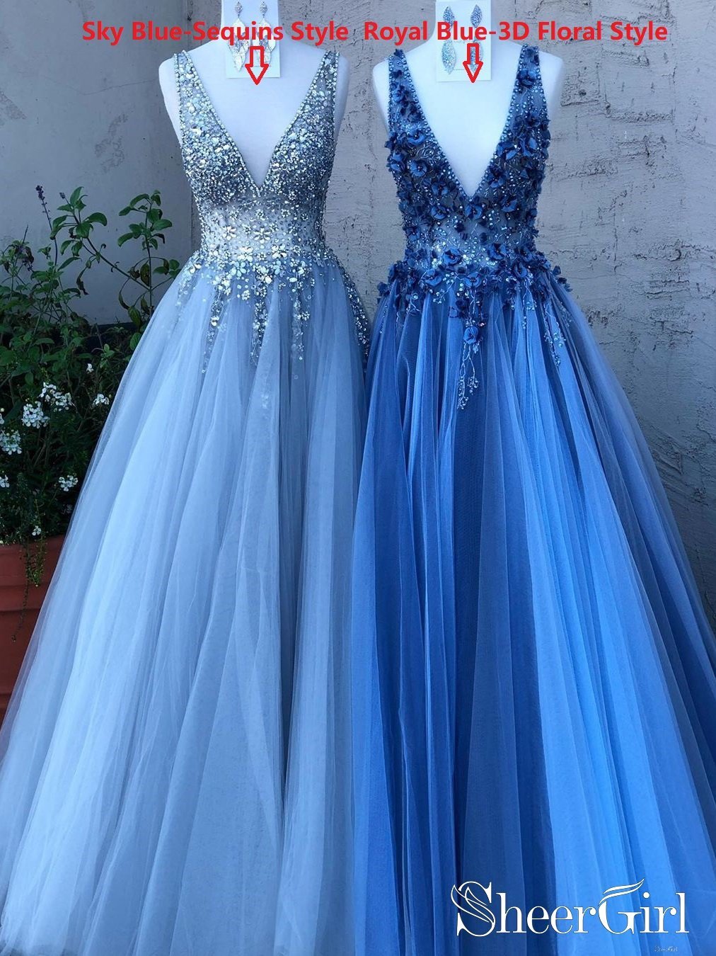 A Line V Neck Open Back Navy Blue Floral Long Prom Dresses, Long Navy Blue  Formal Evening Dresses with 3D Flowers SP2801