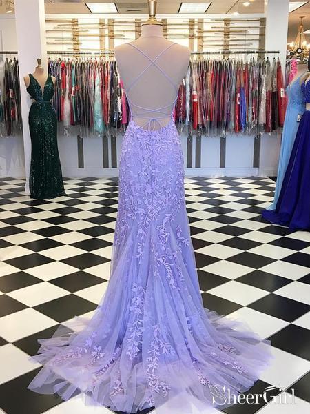 Aubrie Sky Blue Mermaid Spaghetti Straps Lace Tulle Prom Dress
