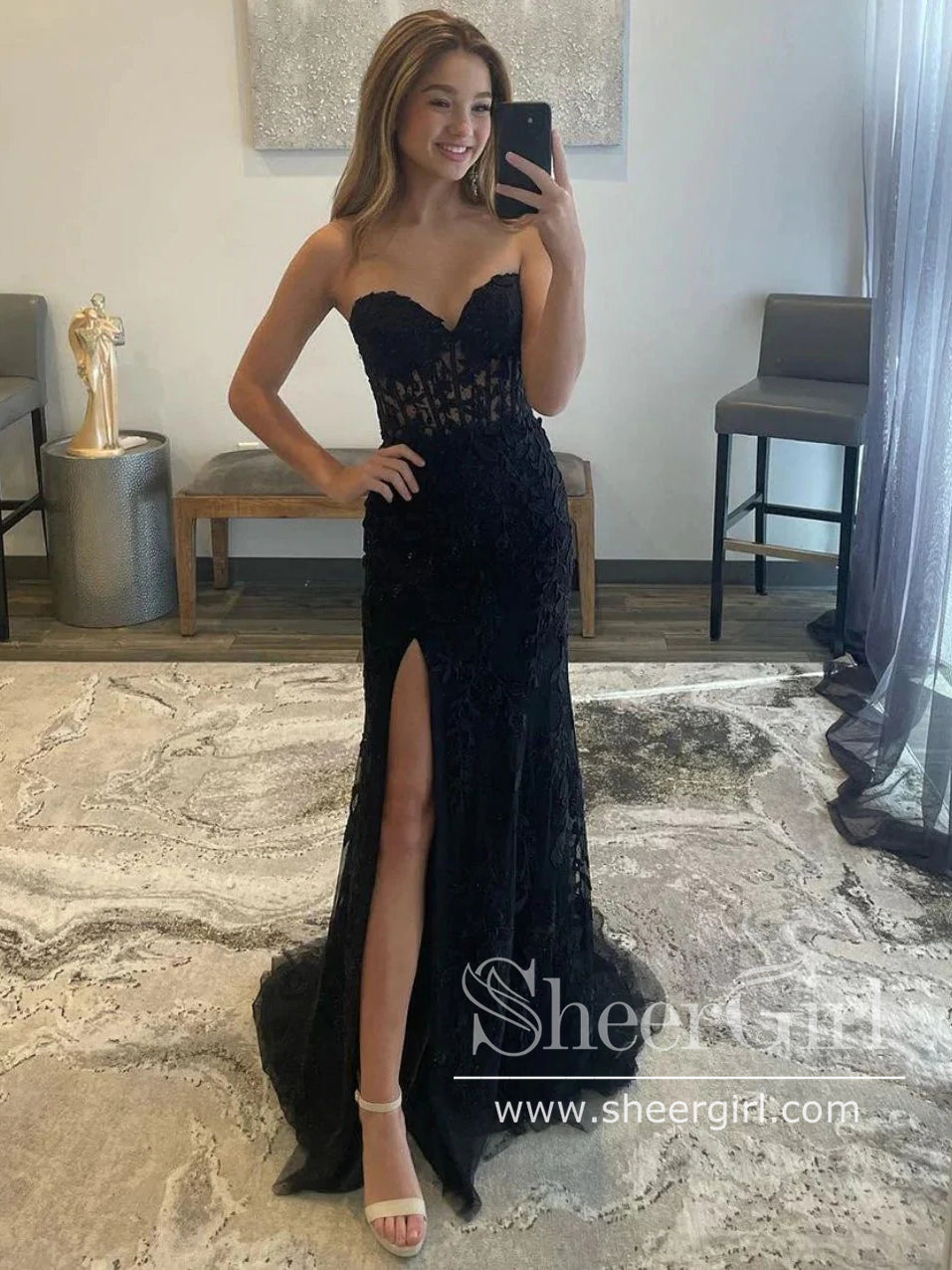 Sparkly Sexy Black Strapless Open Back Mermaid Side-slit Long Prom Dre –  SposaBridal