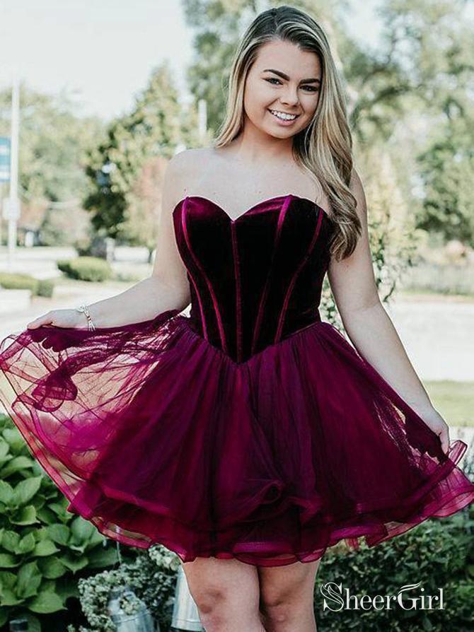 Sweetheart Neck Burgundy Organza Velvet Homecoming Dresses with