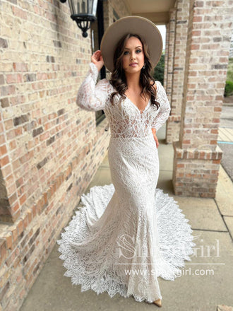 KAILEY / Lace Boho Wedding Dress with Deep V Neck - LaceMarry