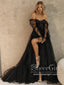 Black Flowy A Line Sweetheart Neck Wedding Gown Soft Tulle Halloween Wedding Dress AWD2012