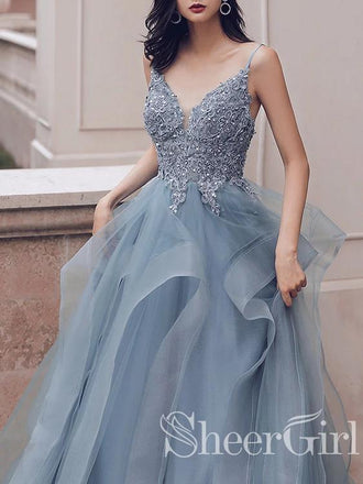 Deep V-Neck Applique Lace Floor Length Tulle Prom Dress