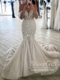 Delicate Lace Off the Shoulder Bridal Dress Gorgeous Mermaid Wedding Dress with Feather AWD2021-SheerGirl