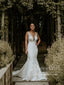 Delicate Leaf Lace Mermaid Satin Wedding Dress Plunge Neck Wedding Gown AWD2038