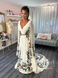 Flowy Chiffon Wedding Gown with Colorful Appliques Garden Wedding Dress AWD2003-SheerGirl