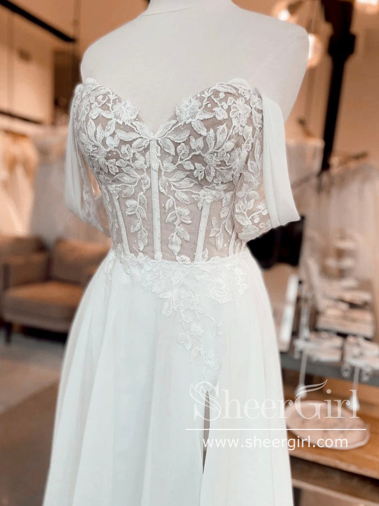High Slit Floral Lace Chiffon Wedding Dress Off the Shoulder A