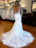 High Slit Spaghetti Straps Deep V Neck Mermaid Wedding Dress with Chapel Train AWD2026-SheerGirl