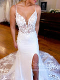 High Slit Spaghetti Straps Deep V Neck Mermaid Wedding Dress with Chapel Train AWD2026-SheerGirl