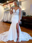 High Slit Spaghetti Straps Deep V Neck Mermaid Wedding Dress with Chapel Train AWD2026