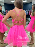 Hot Pink Pleated Tulle Short Party Dress V Neck Backless Homecoming Dress ARD3009-SheerGirl