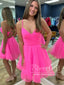 Hot Pink Pleated Tulle Short Party Dress V Neck Backless Homecoming Dress ARD3009