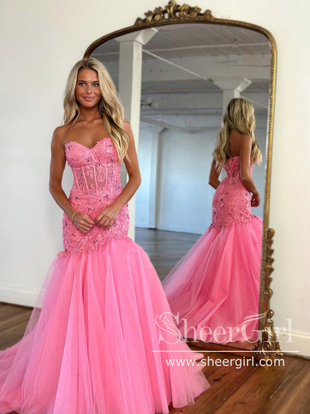 Fashion bright pink strapless dress