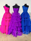 Hot Pink Strapless Ruffle Tulle Floor Length Ball Gown Tiered Tulle Prom Dress ARD2910-SheerGirl