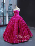 Hot Pink V Neckline Sequins Lace Quinceanera Dresses Sparkly Strapless Prom Dresses ARD3175-SheerGirl