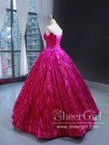 Hot Pink V Neckline Sequins Lace Quinceanera Dresses Sparkly Strapless Prom Dresses ARD3175-SheerGirl