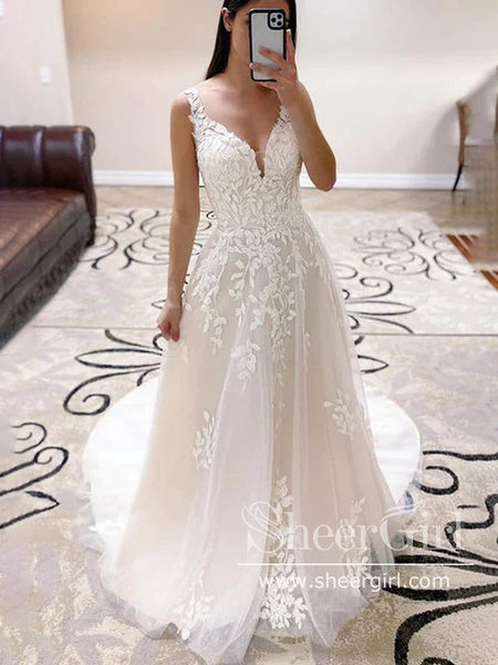 Vine Leaf Lace Wedding Dress with Deep Sweetheart Neckline