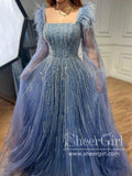 Luxury Sewed Beads Prom Gown A Line Square Neck Prom Dress with Feather ARD3171-SheerGirl