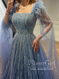 Luxury Sewed Beads Prom Gown A Line Square Neck Prom Dress with Feather ARD3171-SheerGirl